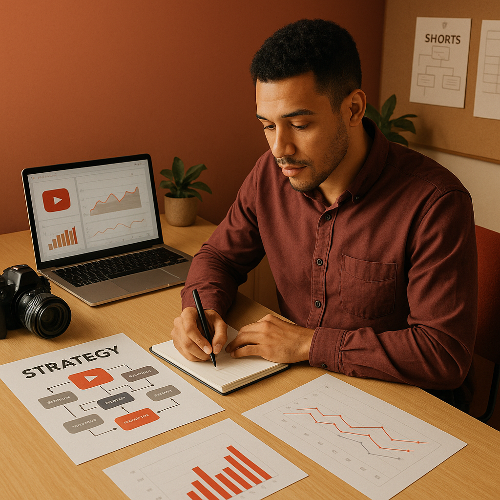 Bar chart e schermo mobile che illustrano insight di YouTube Shorts