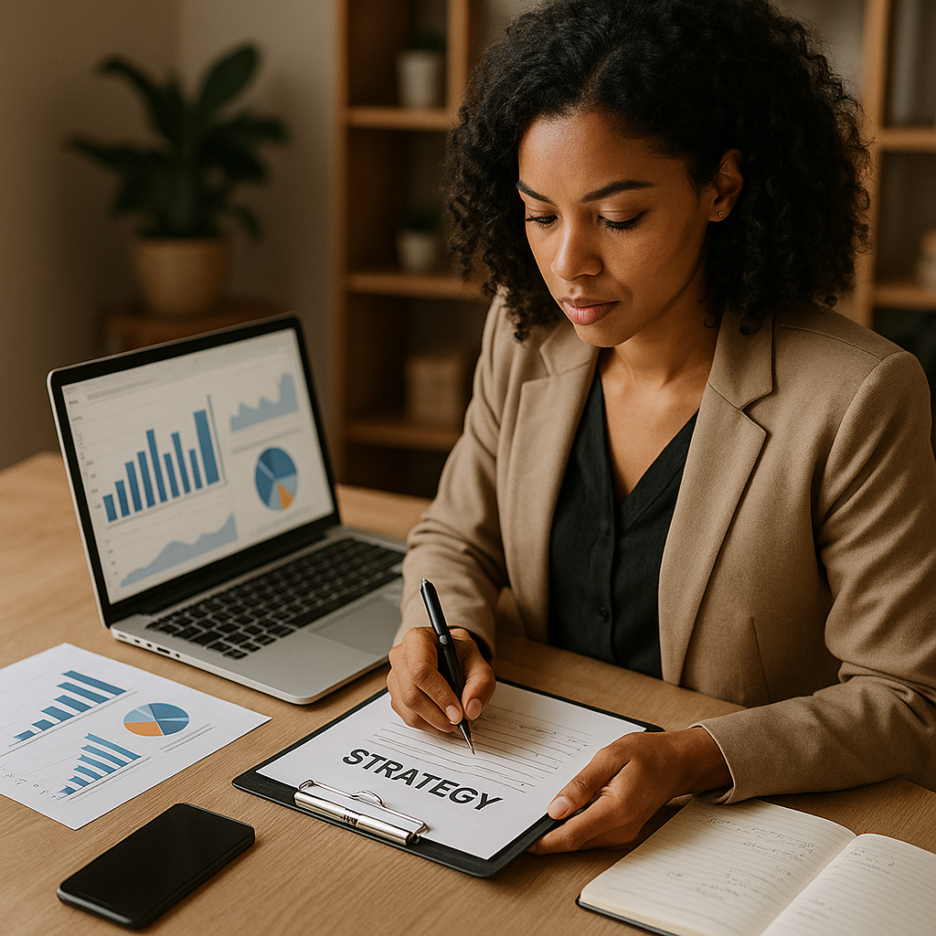 Illustration of a startup navigating a pentagon with contracts and social icons