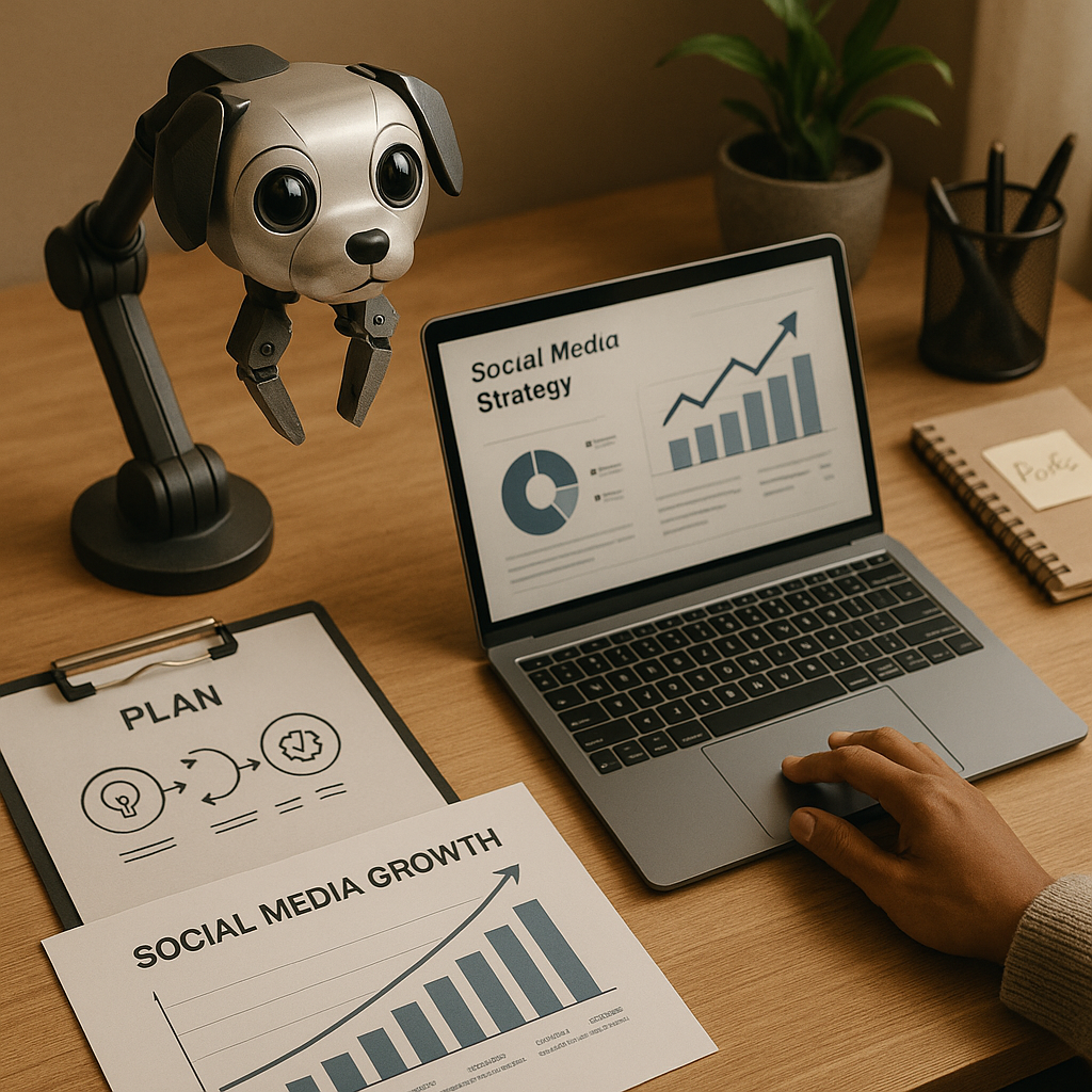 Concepto de IA de Lenovo en escritorio con una pinza robótica ojos tipo cachorro