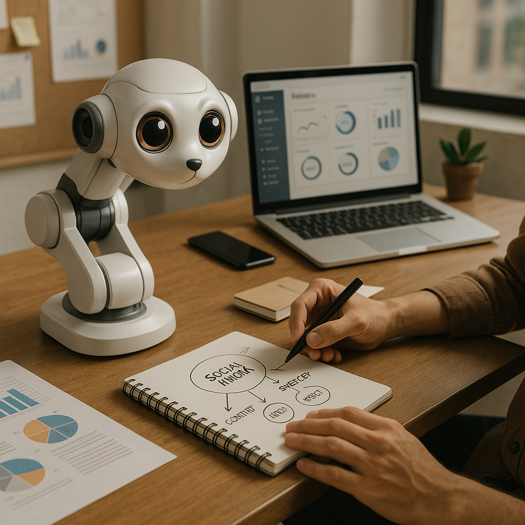 Concetto Lenovo AI per desktop con braccio robotico e occhi da cucciolo