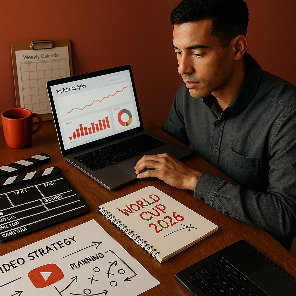 Stadio di calcio globale con branding YouTube e atmosfera Coppa del Mondo 2026