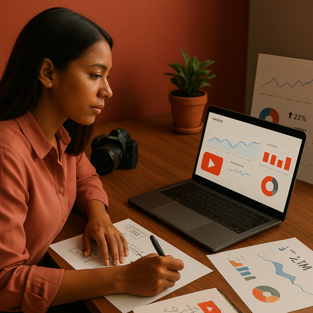 Ilustração com dados de varejo, insights de audiencia e planejamento de campanhas no YouTube em um painel