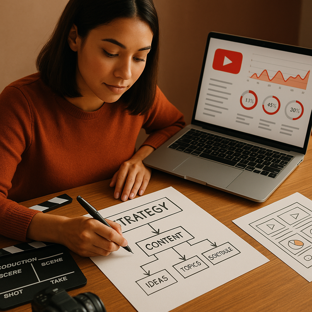 Illustrazione di dati retailer, insight sul pubblico e pianificazione campagne YouTube su dashboard