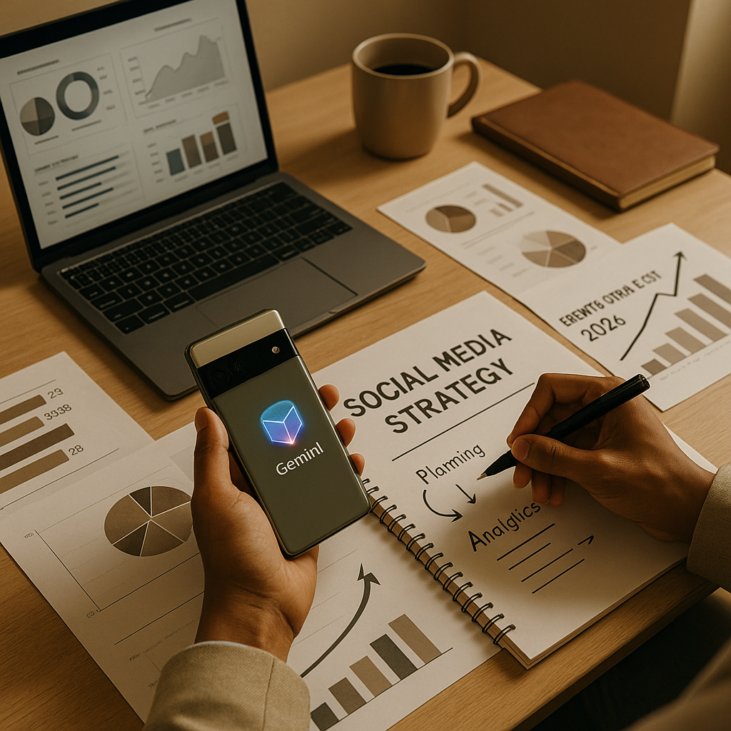 Illustration av Google Pixel med Gemini-verktyg som automatiserar inköp och sociala medier