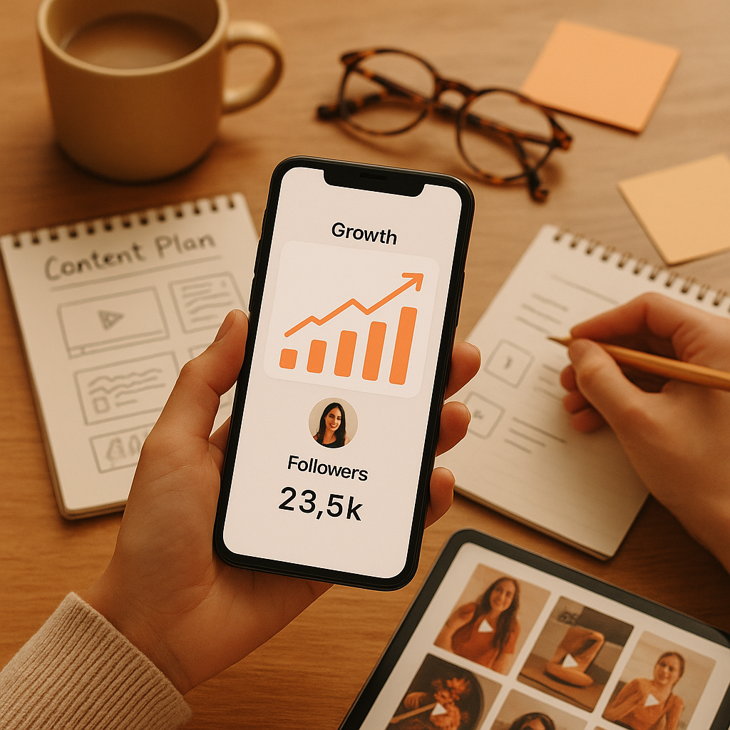 Close-up of a smartphone screen displaying Instagram analytics and charts