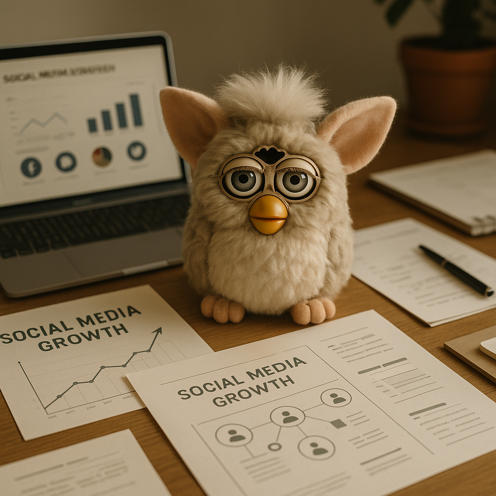 toys Furby colorati intorno a uno smartphone con dashboard social