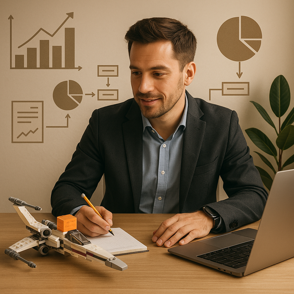 Close-up de Brick inteligente da Lego em cores azul e dourado, com hologramas inspirados em Star Wars