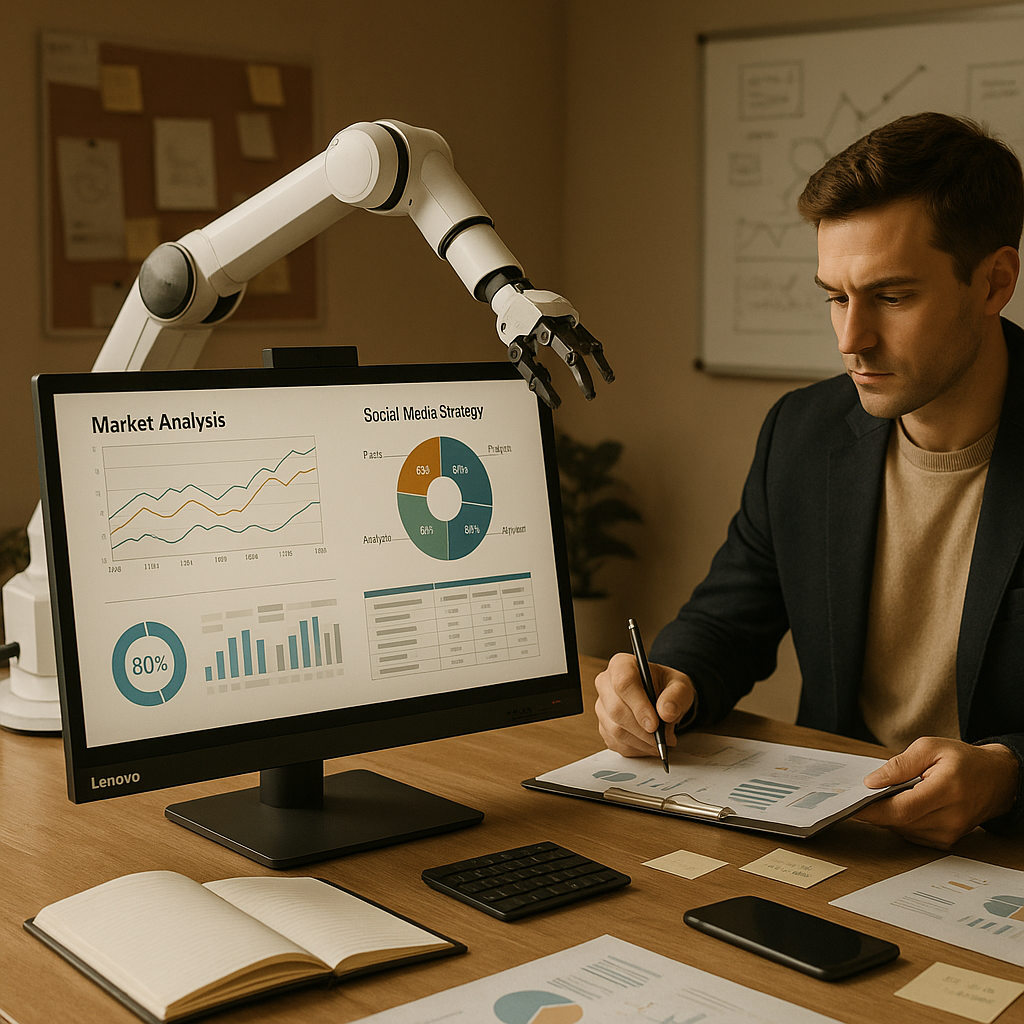 Khái niệm Lenovo AI để bàn với cánh tay robot và giao diện người dùng tương tác