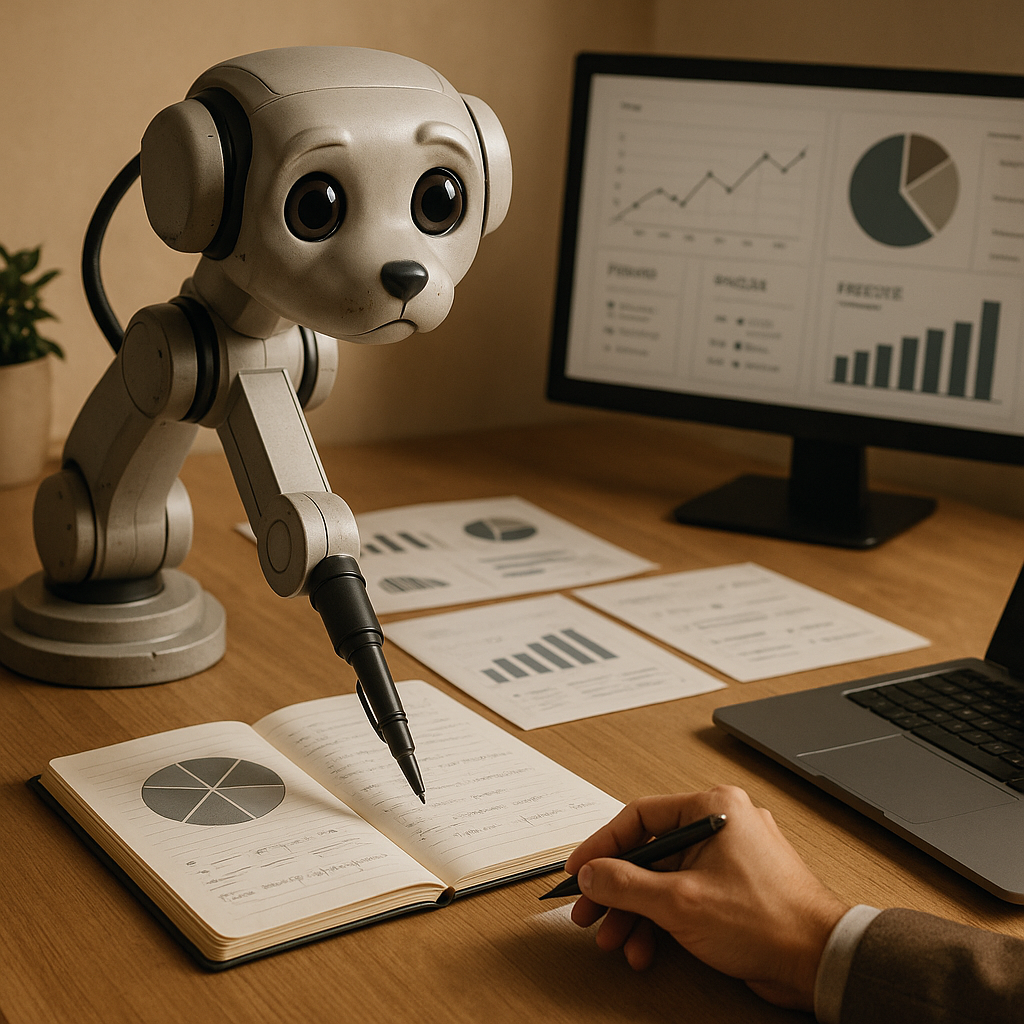 Robot arm dengan mata anjing pendamping di meja kerja Lenovo