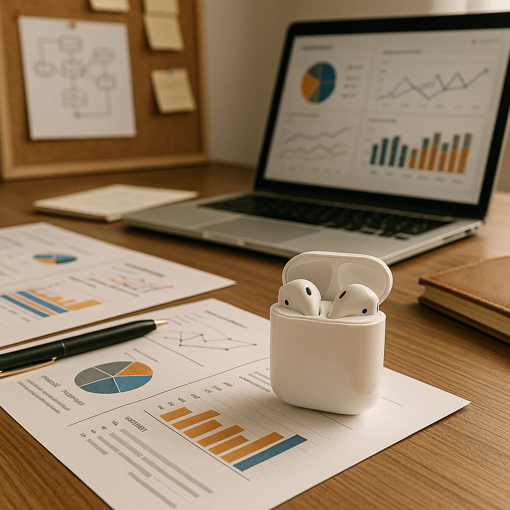 Primer plano de AirPods junto a un teléfono mostrando ofertas