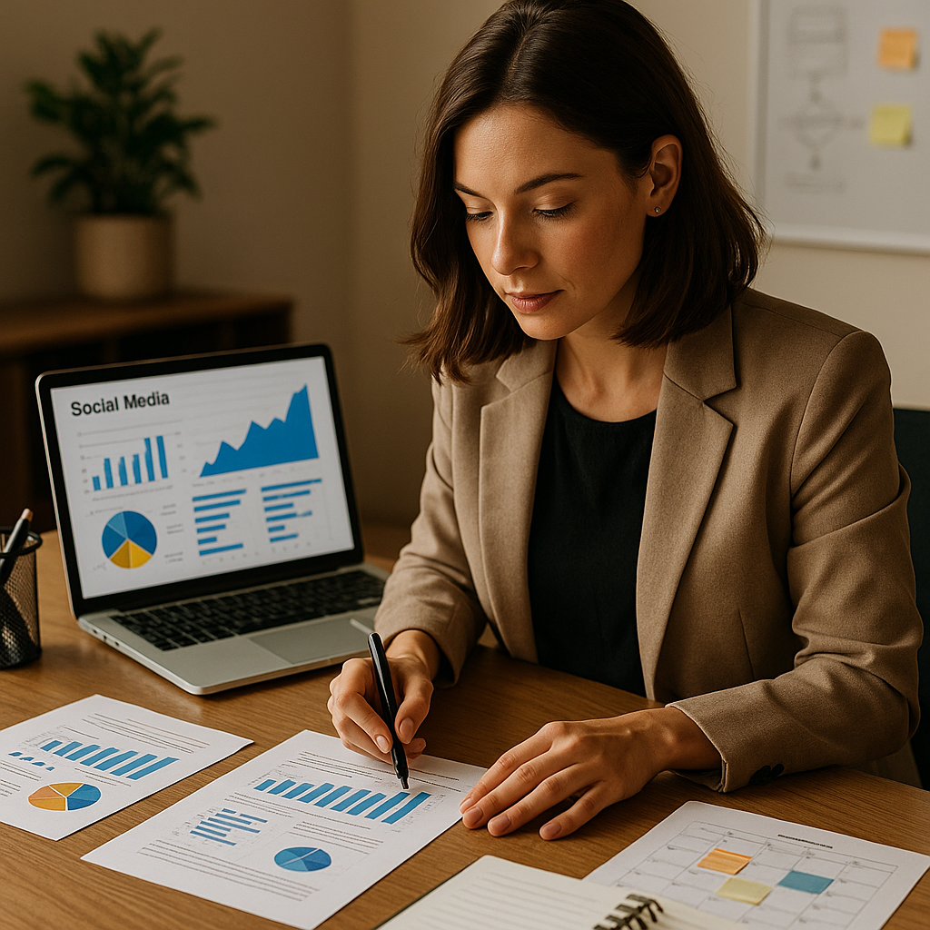 Illustrazione stilizzata del logo Meta con frecce di crescita e icona di avviso tagli