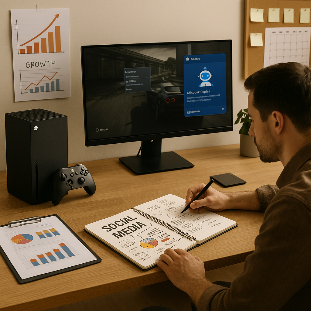 Concept art of Copilot AI integrated with a modern Xbox controller