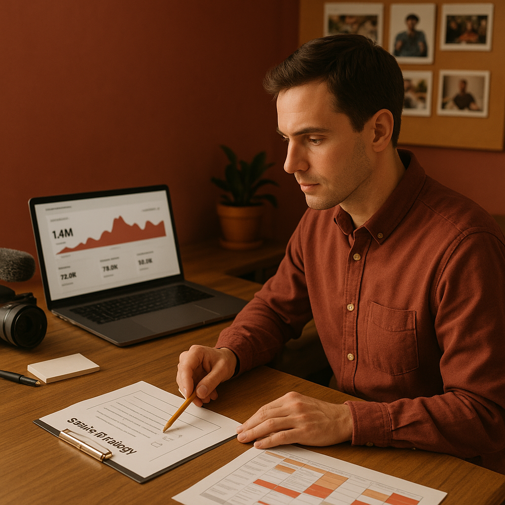 Marketer analysiert auf einem Laptop YouTube Shorts Performance-Charts während der Weihnachtsplanung