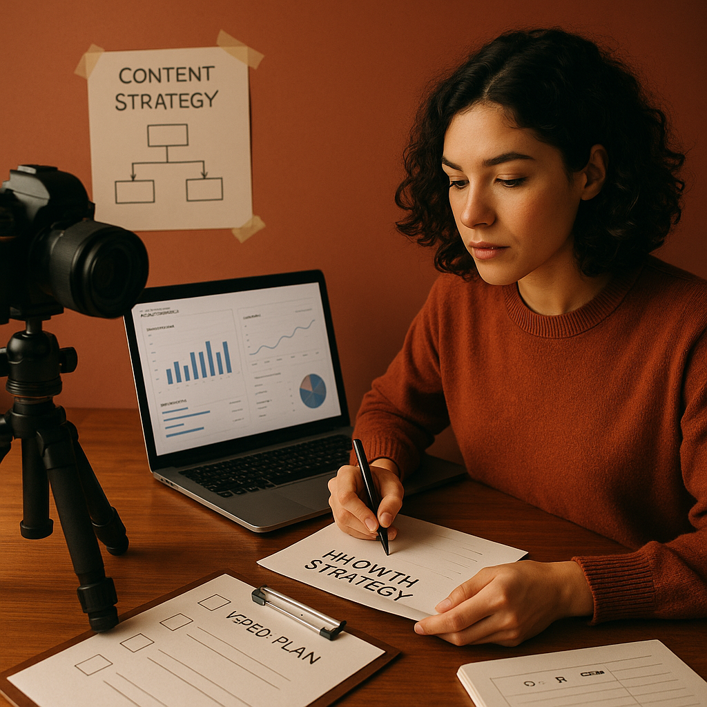 Responsable de marketing revisando gráficos de rendimiento de YouTube Shorts en un portátil durante la planificación navideña