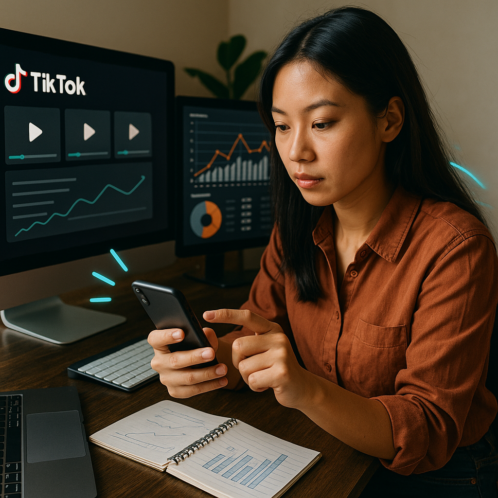 데이터 네트워크와 틱톡 아이콘이 연결된 데이터 흐름 일러스트