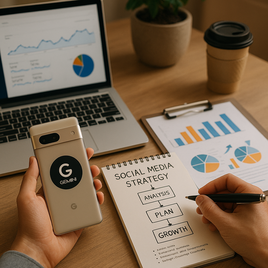 Ilustrasi skrin Pixel dengan ikon Gemini dan troli belanja pintar