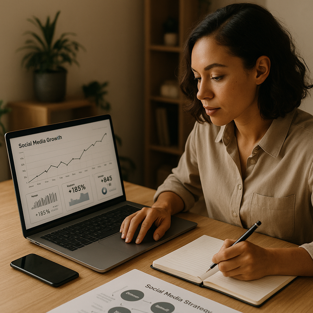 Group of professionals analyzing social media metrics on screens