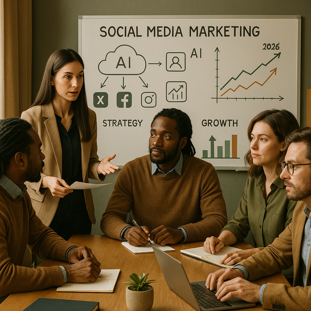 Ilustrasi strategi pemasaran media sosial di X 2026 dengan fokus AI dan kebijakan konten