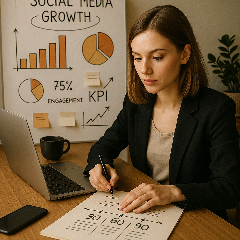 Grafico di strategia di crescita sui social media con icone DJI e assistenti robot