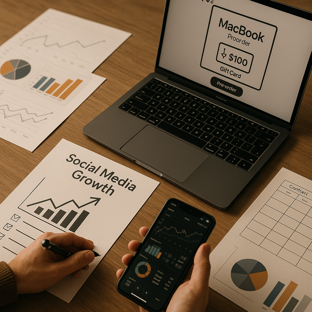 MacBook preorder gift card offer and social media growth strategy concept