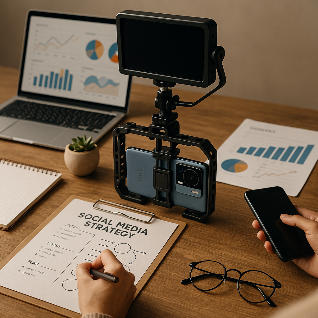 Render eines Smartphones mit professionellem Kamera-Rig und Teleobjektiv