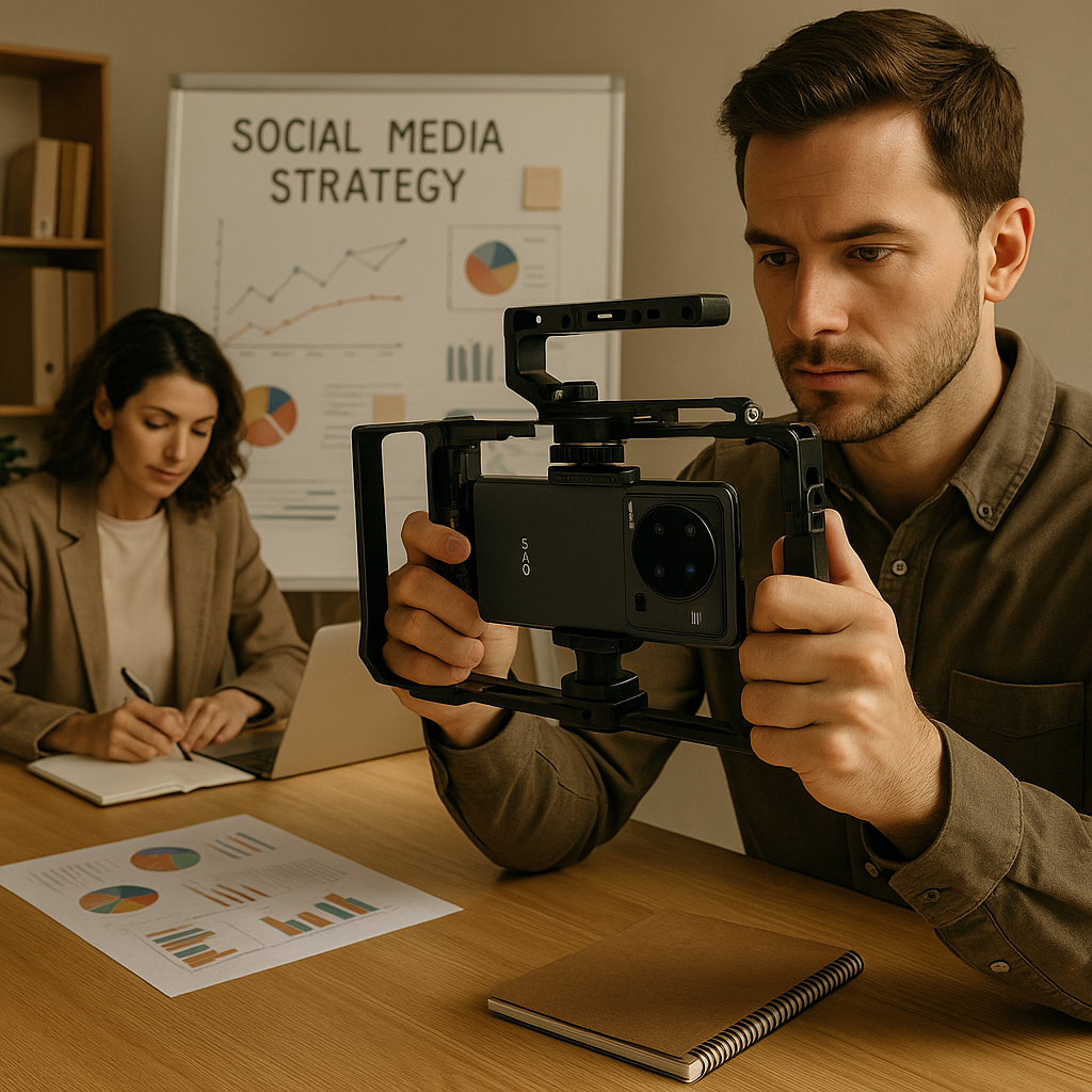 Grafische voorstelling van Vivo’s volgende telefoon met professionele camerarig setup
