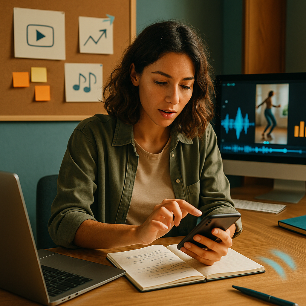 Schermo di uno smartphone con canzoni trend TikTok e analytics creator ad aprile 2026