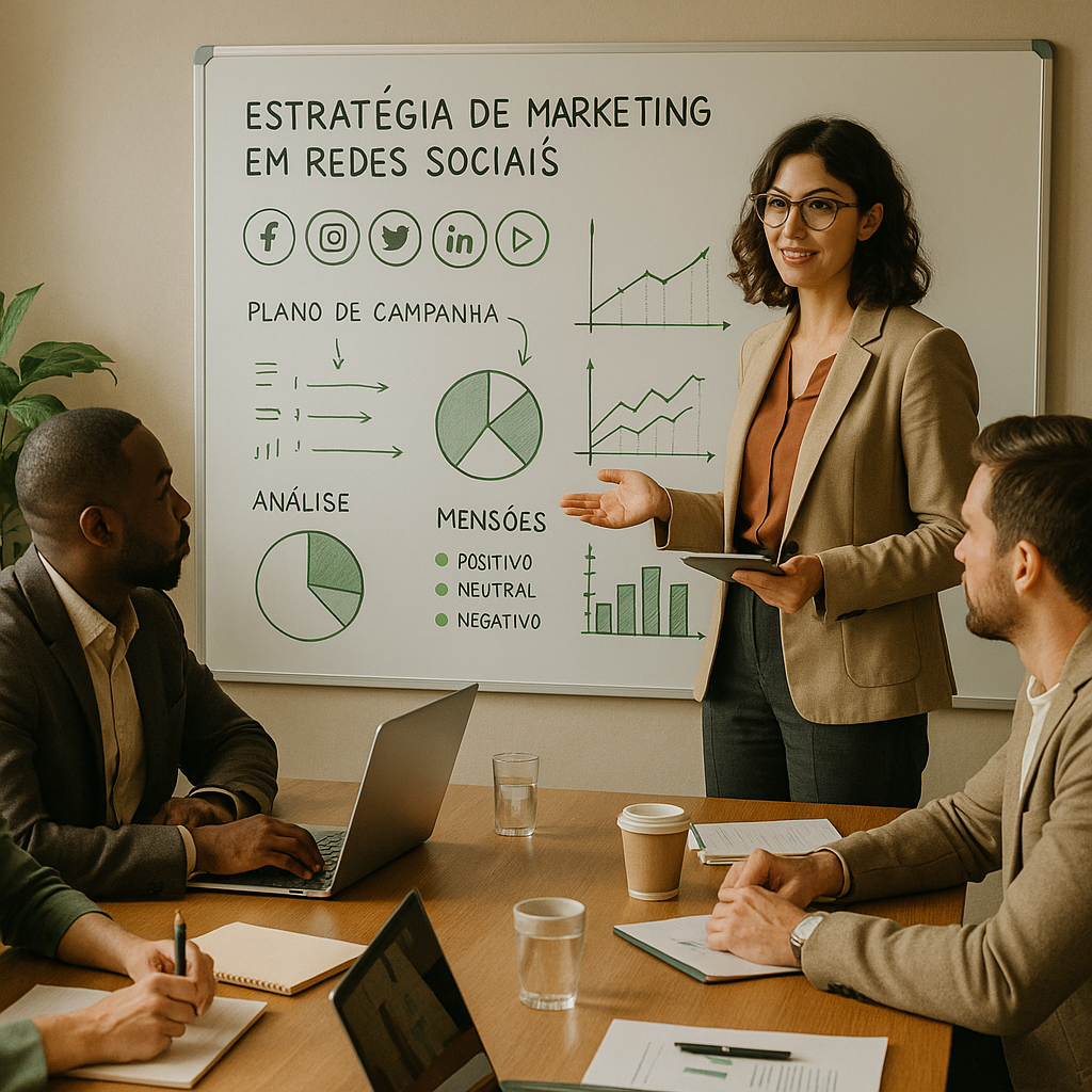 Painel com análises de monitoramento de redes sociais, menções e tendências de engajamento