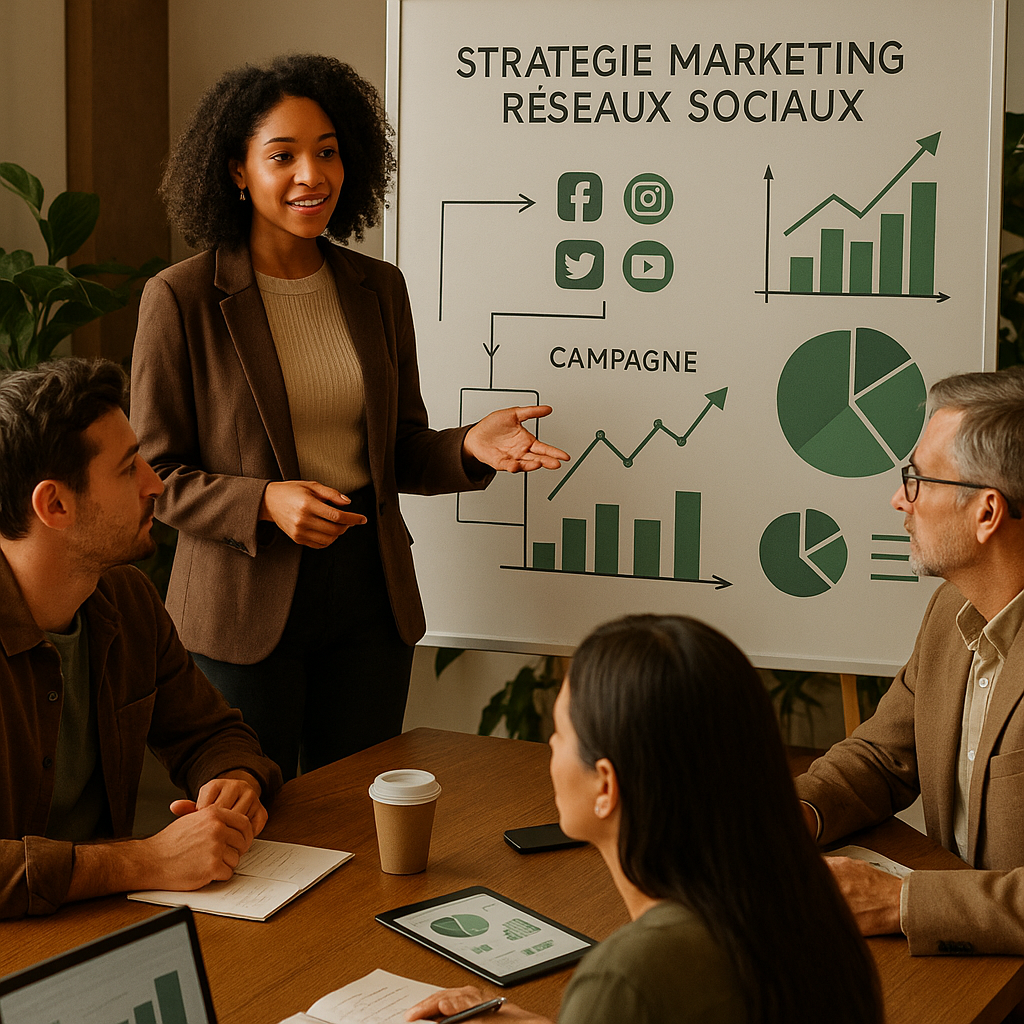 Bureau de travail avec des outils de création de contenu pour la planification, l'édition, l'analyse et la publication sur les réseaux sociaux