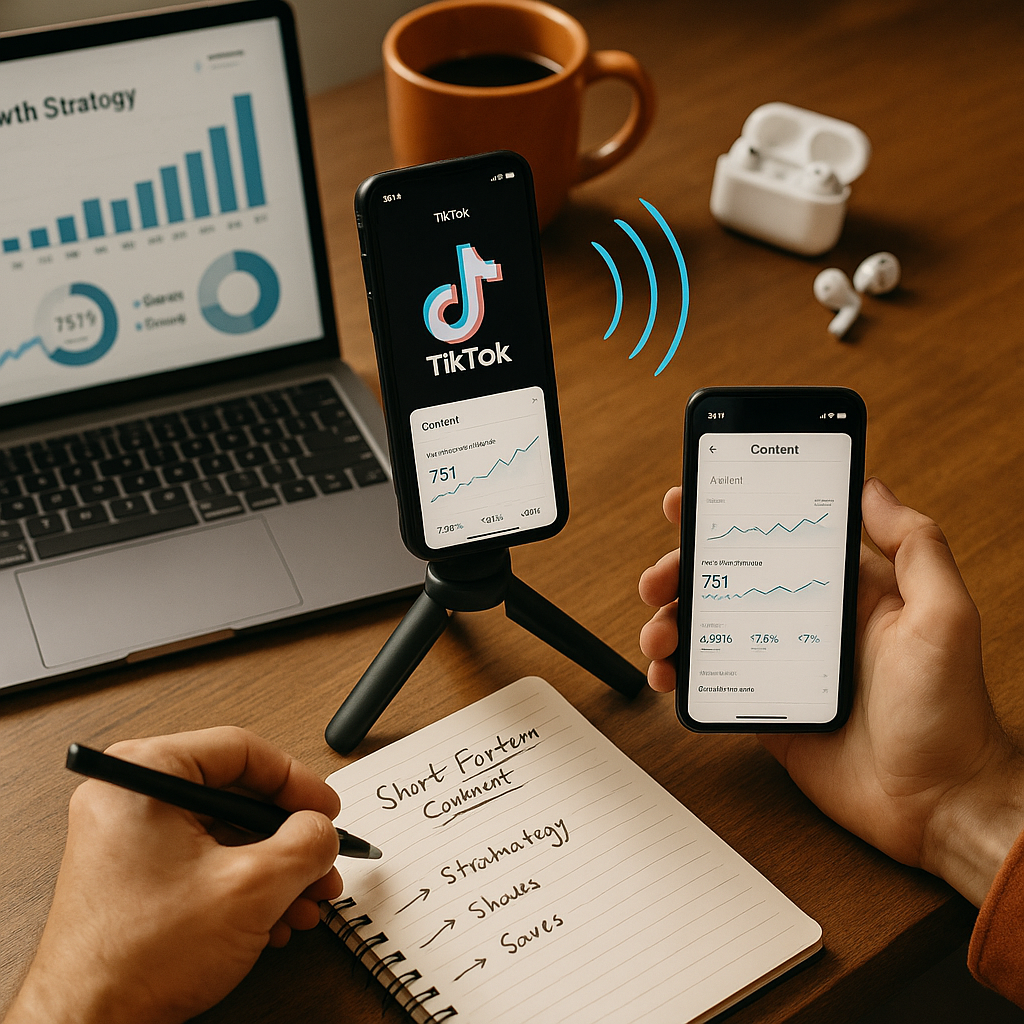 Pantalla de móvil con canciones en tendencia en TikTok y analíticas de creadores para abril de 2026