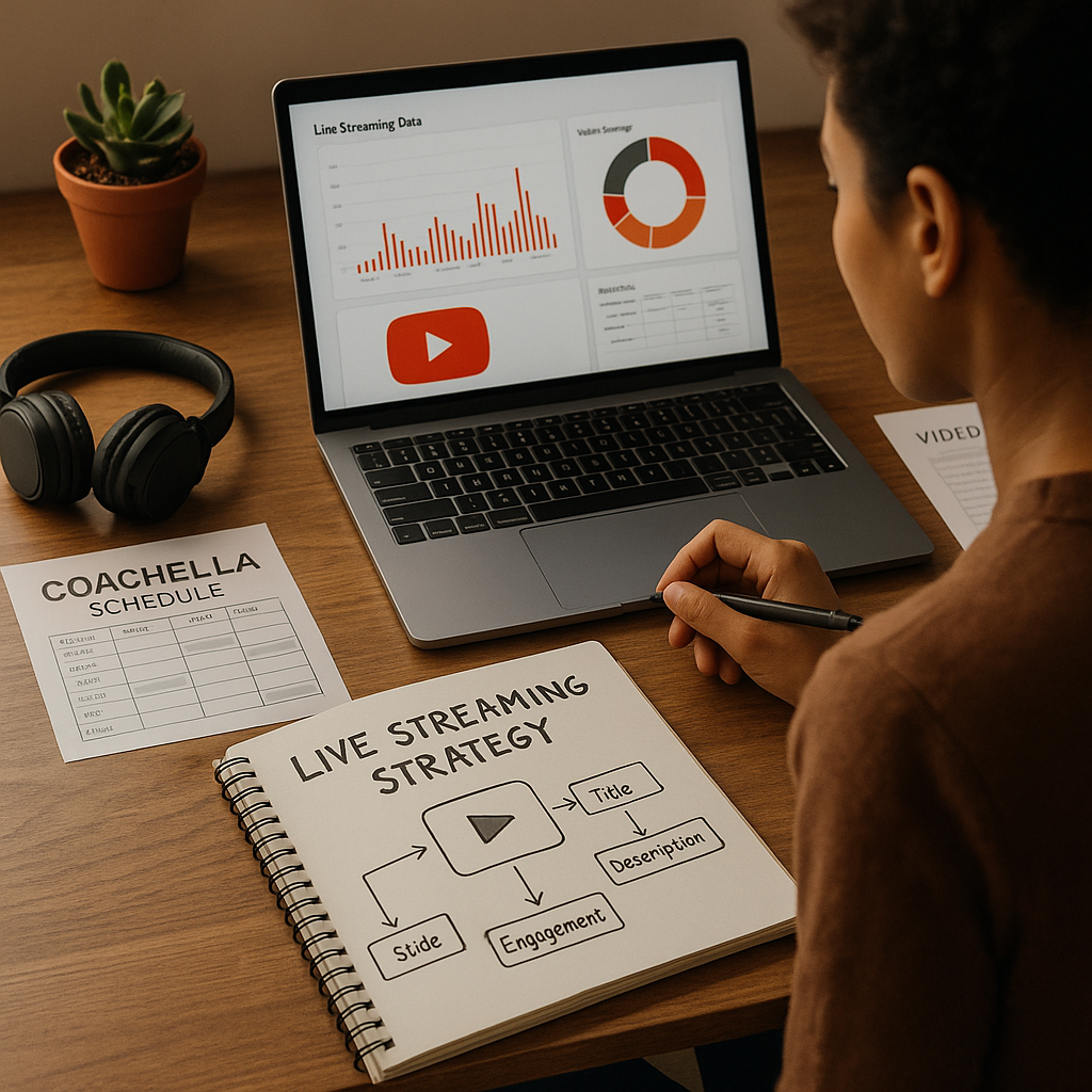 Palco di Coachella con visualizzazione del livestream su YouTube da smartphone