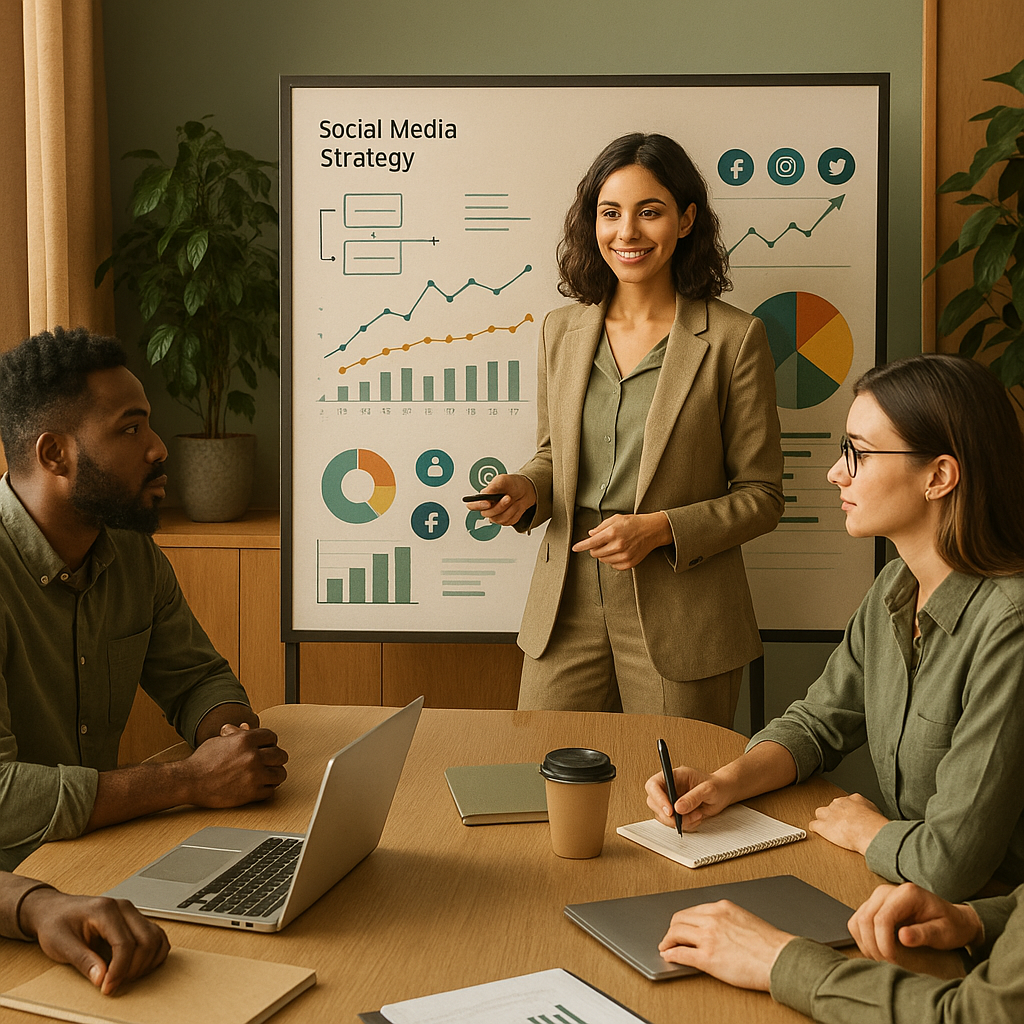 Analista che esamina un dashboard di report social media con grafici, KPI e dati sulle campagne