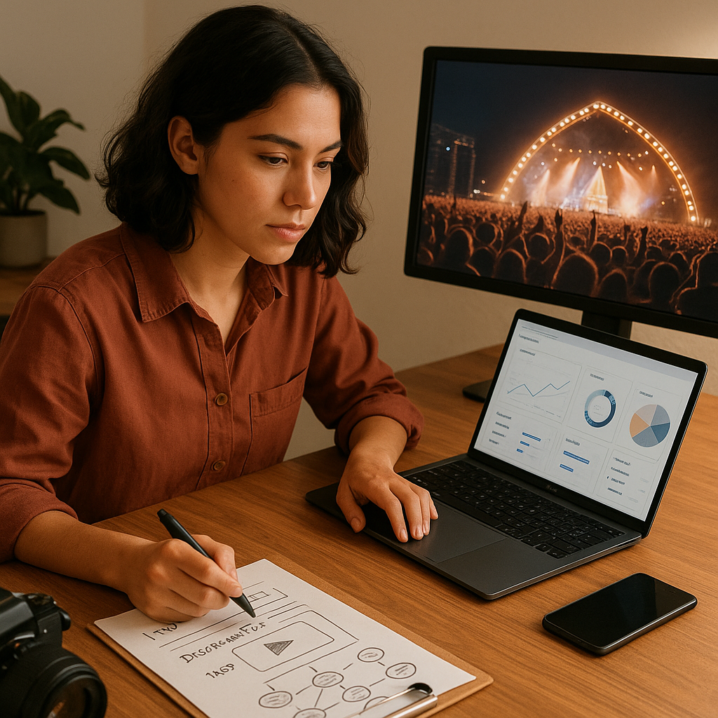 Estrutura de palco do Coachella com visualização no YouTube em uma tela de celular