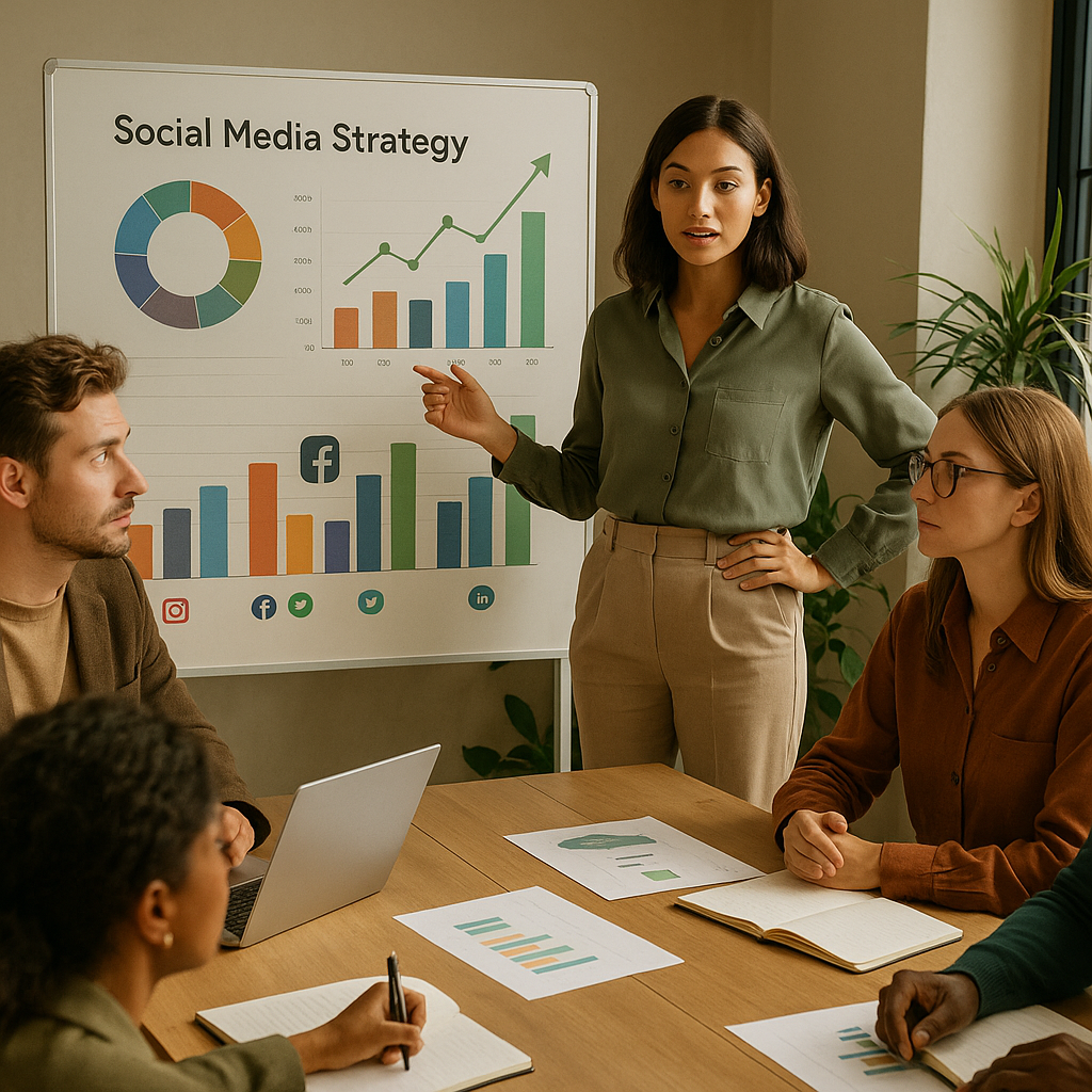 Analista revisando um relatório de redes sociais em dashboard com gráficos, KPIs e dados de desempenho de campanhas