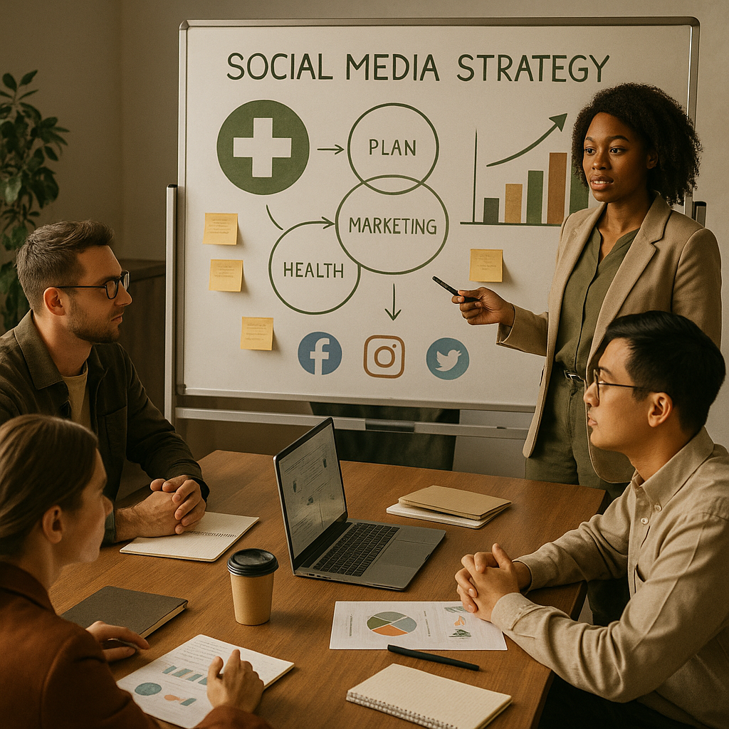 Equipe de saúde planejando uma estratégia de marketing em redes sociais em 2026 com foco em compliance