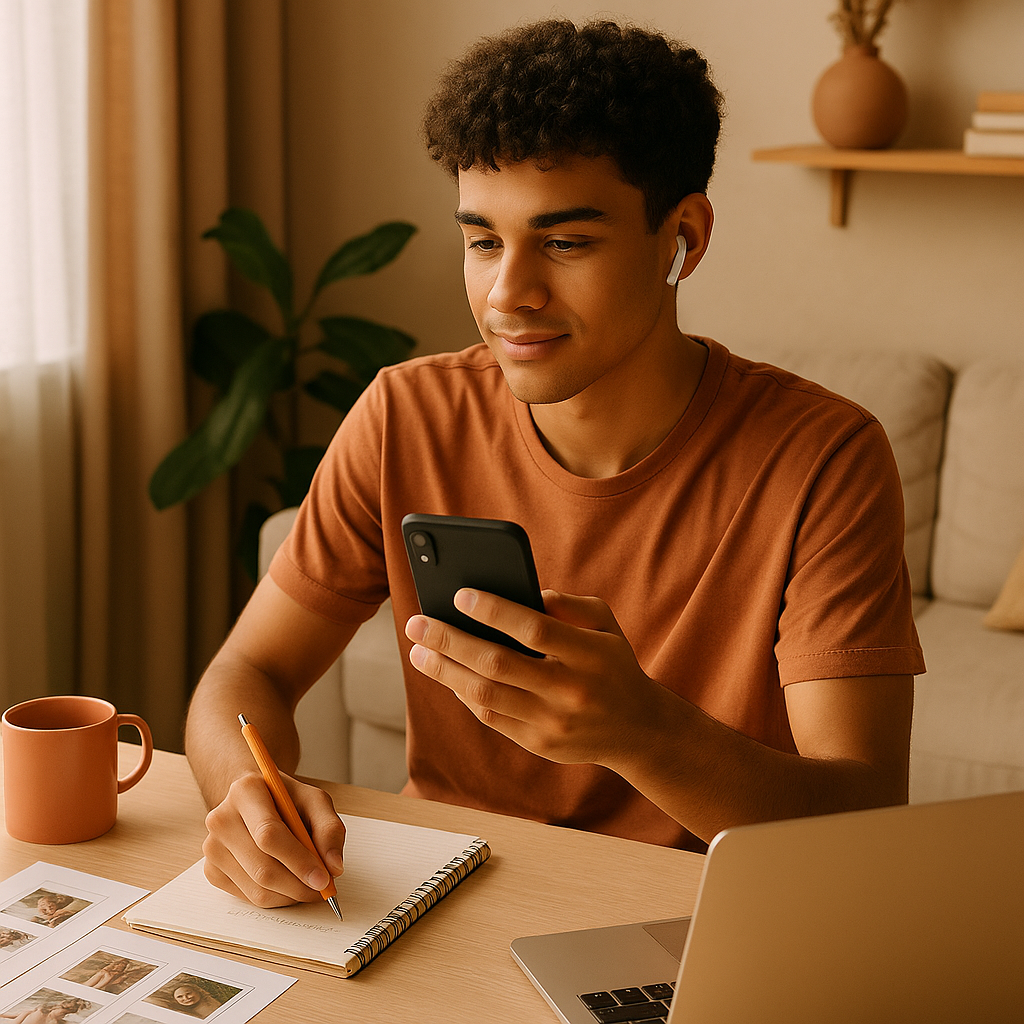 Ilustração sobre contas teen do Instagram com interface de celular e controles de segurança