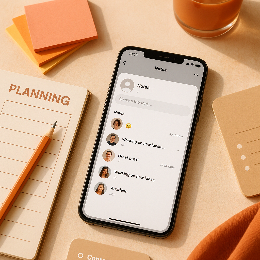 Instagram Notes interface on a smartphone with short status-style updates and engagement cues