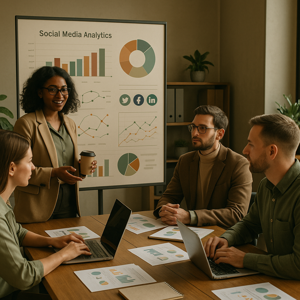 Écrans de tableau de bord montrant des métriques d’analyse et de reporting social media sur plusieurs plateformes