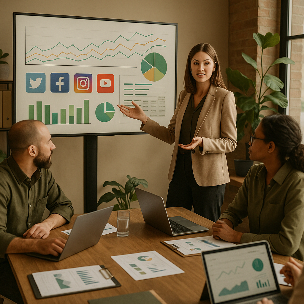 Pantallas de paneles con métricas de analítica y reportes de redes sociales en varias plataformas