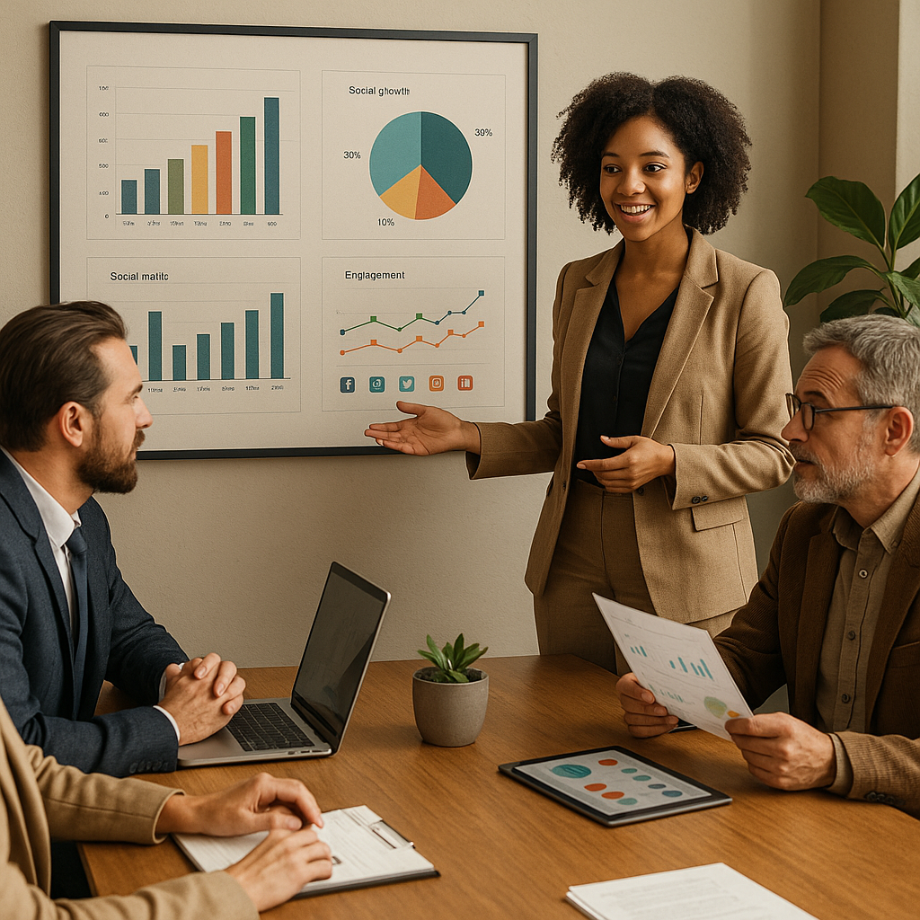 Telas de dashboard com métricas de analytics e relatórios de redes sociais em várias plataformas