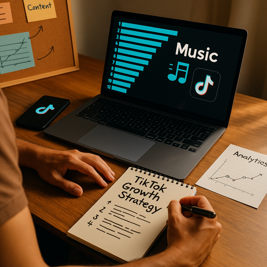 Tela de celular mostrando músicas em alta no TikTok e análises de criadores em abril de 2026