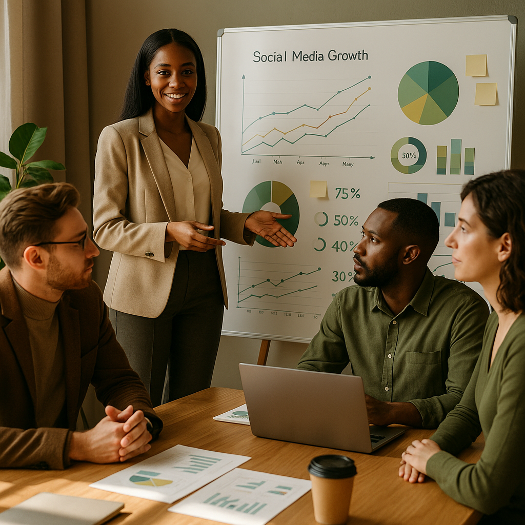 Painel de analytics de redes sociais com métricas e gráficos de desempenho