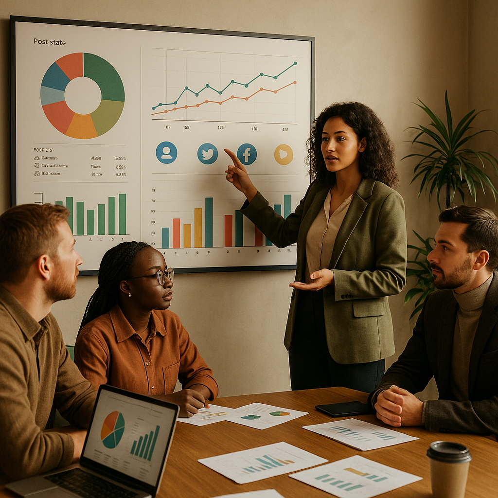 Vista de un panel con métricas de analítica de redes sociales y gráficos de rendimiento