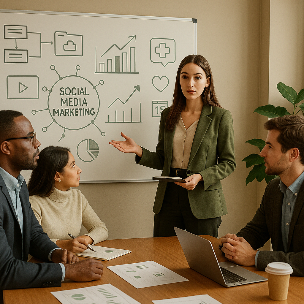 Equipo sanitario planificando una estrategia de marketing en redes sociales conforme a normativa en 2026