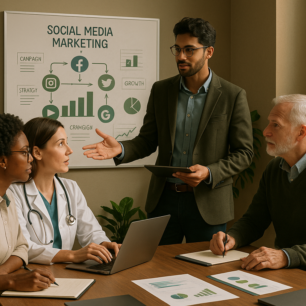 2026 için uyumlu bir sosyal medya pazarlama stratejisi planlayan sağlık ekibi