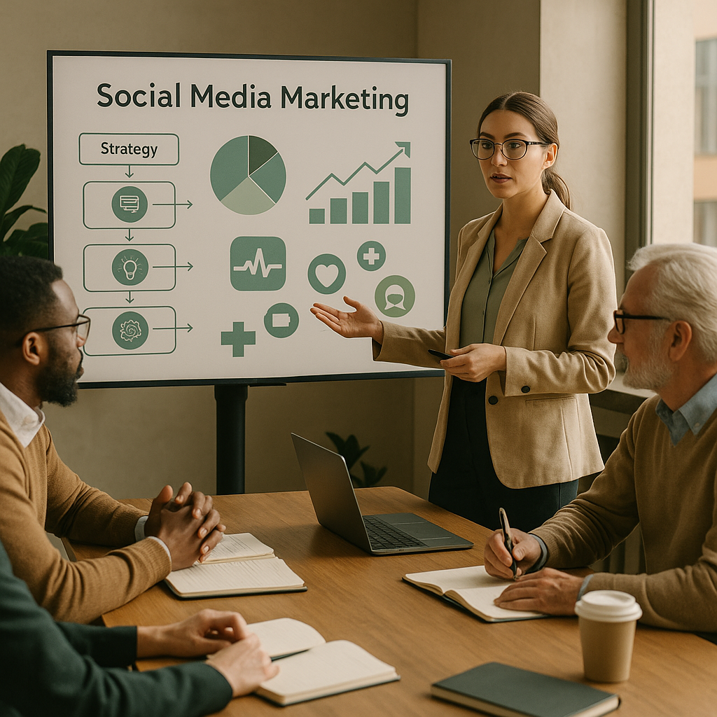 Team sanitario che pianifica una strategia social media marketing conforme per il 2026