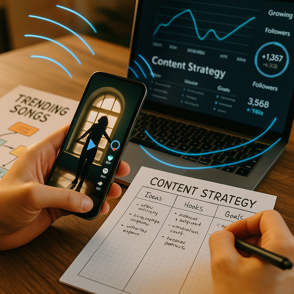 Smartphone-Ansicht mit TikTok-Trend-Songs und Creator-Analytics im April 2026