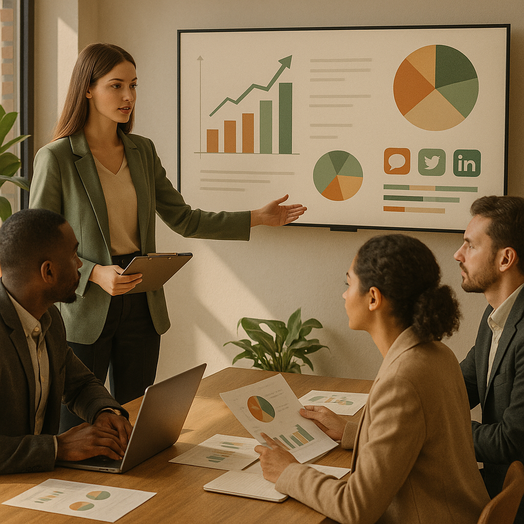 Analystin prüft Diagramme zu UK Social Media Demografien 2026 auf einem Laptop mit Plattform-Icons für die Strategieplanung