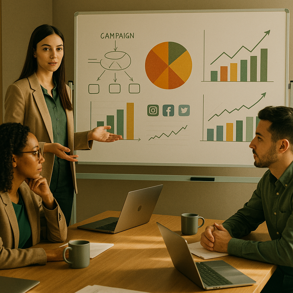 Analist bekijkt grafieken over VK social media-demografie op een laptop met platformiconen voor strategieplanning in 2026