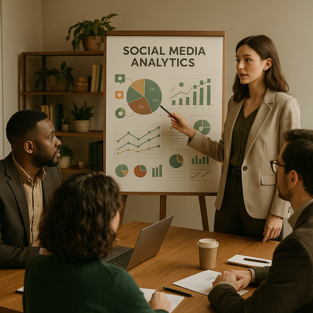 Dashboard-Ansicht mit Social-Media-Analytics-Metriken und Performance-Charts